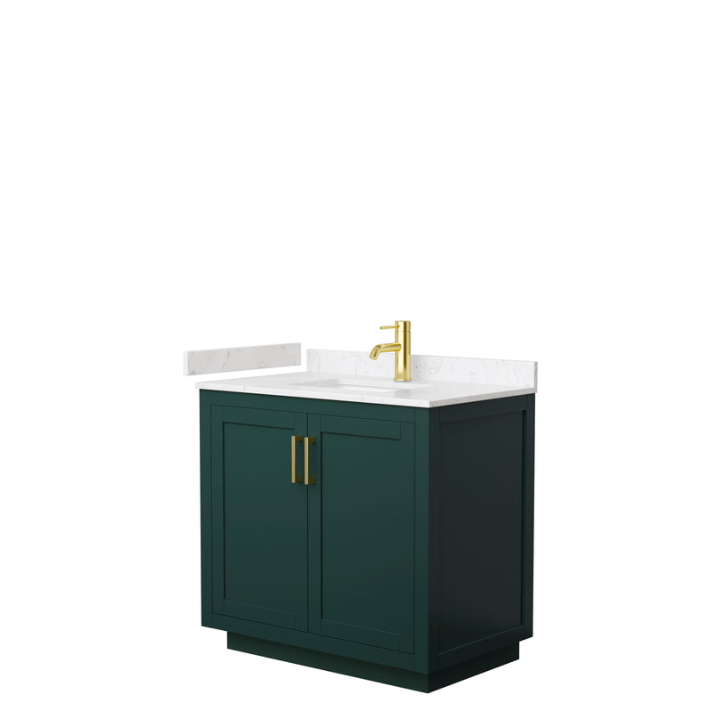 Wyndham Miranda 36" Single Bathroom Vanity In Green Light-Vein Carrara Cultured Marble Countertop Undermount Square Sink Brushed Gold Trim WCF292936SGDC2UNSMXX