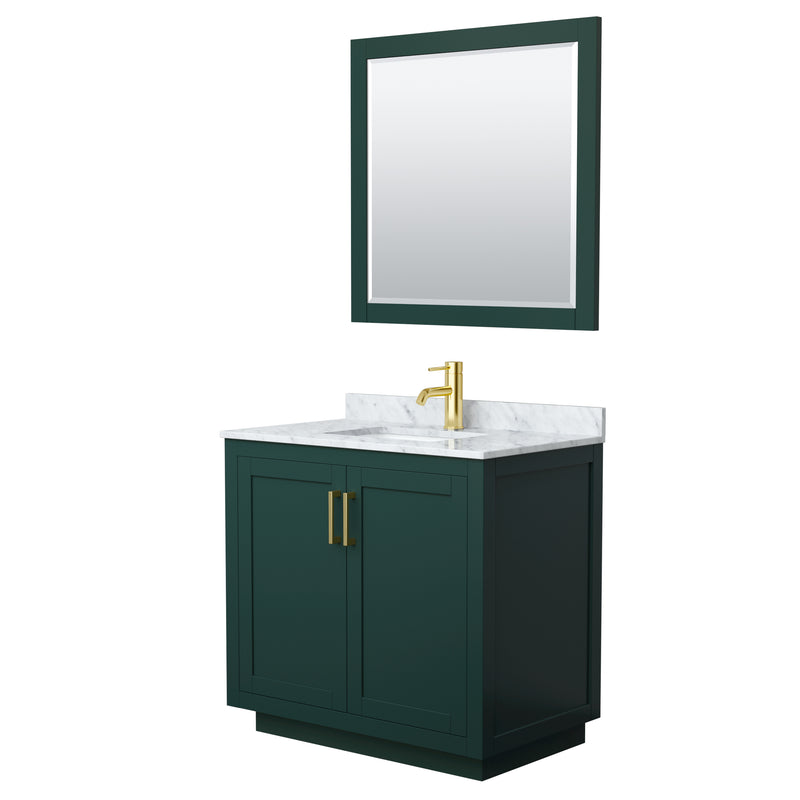 Wyndham Miranda 36" Single Bathroom Vanity In Green White Carrara Marble Countertop Undermount Square Sink Brushed Gold Trim 34" Mirror WCF292936SGDCMUNSM34