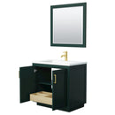 Wyndham Miranda 36" Single Bathroom Vanity In Green 1.25" Thick Matte White Solid Surface Countertop Integrated Sink Brushed Gold Trim 34" Mirror WCF292936SGDK1INTM34