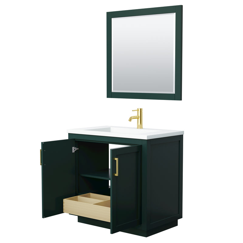 Wyndham Miranda 36" Single Bathroom Vanity In Green 1.25" Thick Matte White Solid Surface Countertop Integrated Sink Brushed Gold Trim 34" Mirror WCF292936SGDK1INTM34