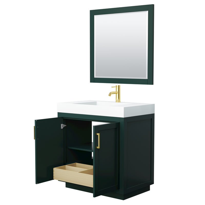 Wyndham Miranda 36" Single Bathroom Vanity In Green 4" Thick Matte White Solid Surface Countertop Integrated Sink Brushed Gold Trim 34" Mirror WCF292936SGDK4INTM34