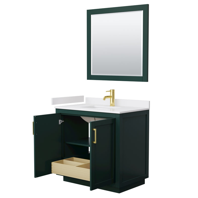 Wyndham Miranda 36" Single Bathroom Vanity In Green White Cultured Marble Countertop Undermount Square Sink Brushed Gold Trim 34" Mirror WCF292936SGDWCUNSM34