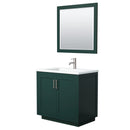 Wyndham Miranda 36" Single Bathroom Vanity In Green 1.25" Thick Matte White Solid Surface Countertop Integrated Sink Brushed Nickel Trim 34" Mirror WCF292936SGEK1INTM34