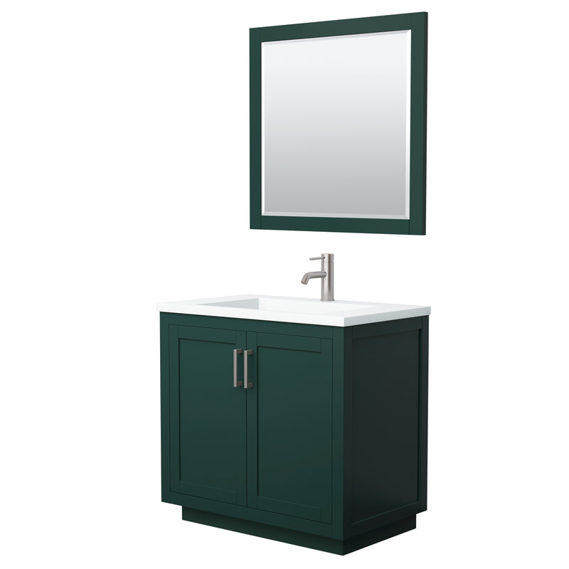 Wyndham Miranda 36" Single Bathroom Vanity In Green 1.25" Thick Matte White Solid Surface Countertop Integrated Sink Brushed Nickel Trim 34" Mirror WCF292936SGEK1INTM34