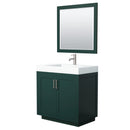 Wyndham Miranda 36" Single Bathroom Vanity In Green 4" Thick Matte White Solid Surface Countertop Integrated Sink Brushed Nickel Trim 34" Mirror WCF292936SGEK4INTM34