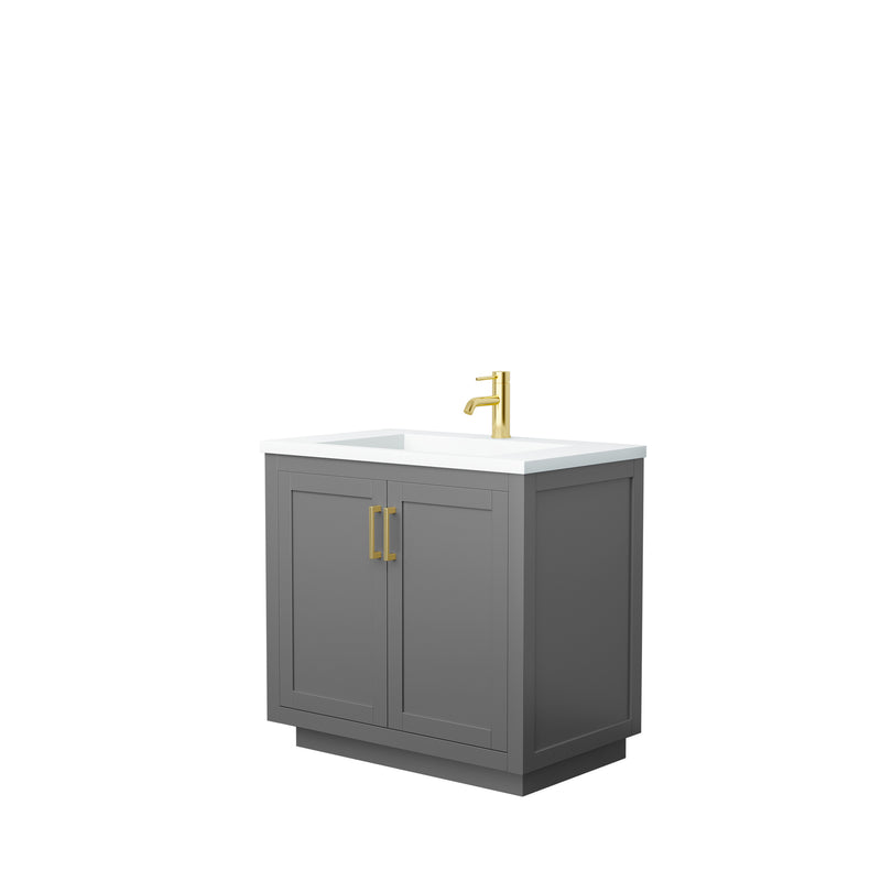 Wyndham Miranda 36" Single Bathroom Vanity In Dark Gray Matte White Solid Surface In 1.25" Thickness Integrated Sink Brushed Gold Trims And No Mirror WCF292936SGGK1INTMXX