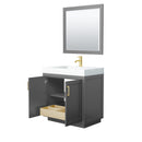 Wyndham Miranda 36" Single Bathroom Vanity In Dark Gray Matte White Solid Surface In 4" Thickness Integrated Sink Brushed Gold Trims and 34" Mirror WCF292936SGGK4INTM34