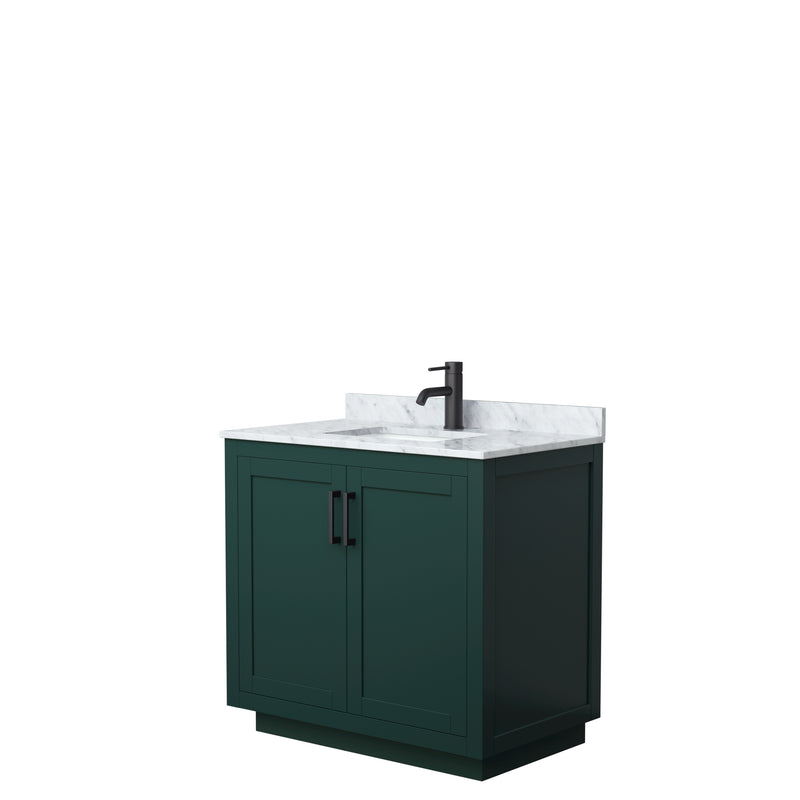 Wyndham Miranda 36" Single Bathroom Vanity In Green White Carrara Marble Countertop Undermount Square Sink Matte Black Trim WCF292936SGKCMUNSMXX