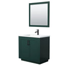 Wyndham Miranda 36" Single Bathroom Vanity In Green 1.25" Thick Matte White Solid Surface Countertop Integrated Sink Matte Black Trim 34" Mirror WCF292936SGKK1INTM34