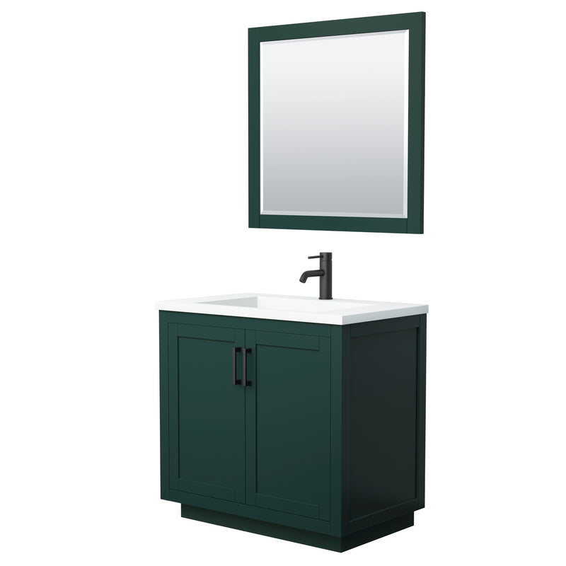 Wyndham Miranda 36" Single Bathroom Vanity In Green 1.25" Thick Matte White Solid Surface Countertop Integrated Sink Matte Black Trim 34" Mirror WCF292936SGKK1INTM34