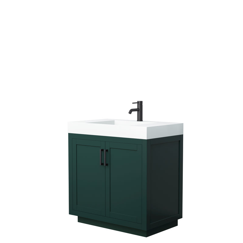 Wyndham Miranda 36" Single Bathroom Vanity In Green 4" Thick Matte White Solid Surface Countertop Integrated Sink Matte Black Trim WCF292936SGKK4INTMXX