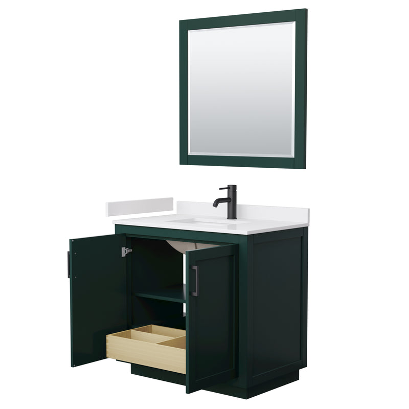 Wyndham Miranda 36" Single Bathroom Vanity In Green White Cultured Marble Countertop Undermount Square Sink Matte Black Trim 34" Mirror WCF292936SGKWCUNSM34