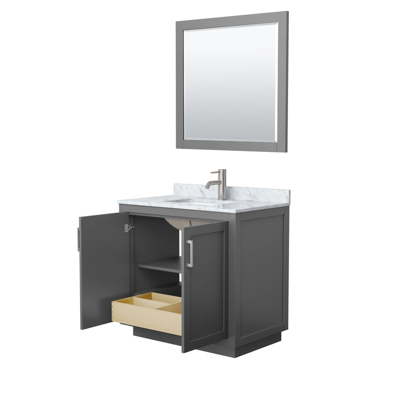 Wyndham Miranda 36" Single Bathroom Vanity In Dark Gray White Carrara Marble Countertop Undermount Square Sink Brushed Nickel Trims and 34" Mirror WCF292936SKGCMUNSM34