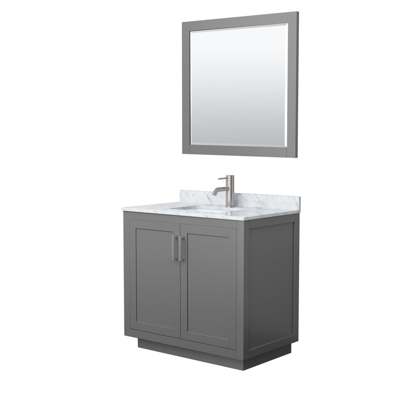 Wyndham Miranda 36" Single Bathroom Vanity In Dark Gray White Carrara Marble Countertop Undermount Square Sink Brushed Nickel Trims And 34" Mirror WCF292936SKGCMUNSM34