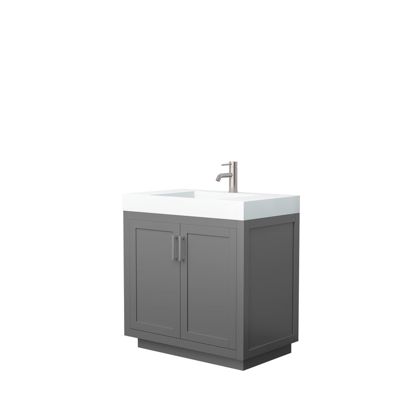 Wyndham Miranda 36" Single Bathroom Vanity In Dark Gray Matte White Solid Surface In 4" Thickness Integrated Sink Brushed Nickel Trims And No Mirror WCF292936SKGK4INTMXX