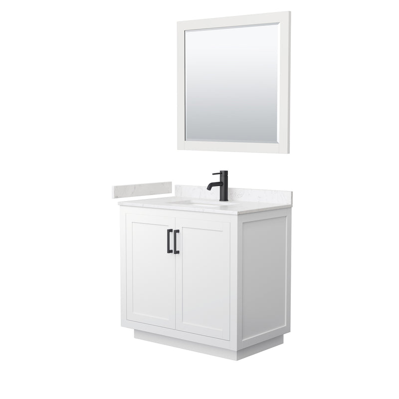 Wyndham Miranda 36" Single Bathroom Vanity In White Light-Vein Carrara Cultured Marble Countertop Undermount Square Sink Black Trims And 34" Mirror WCF292936SWBC2UNSM34