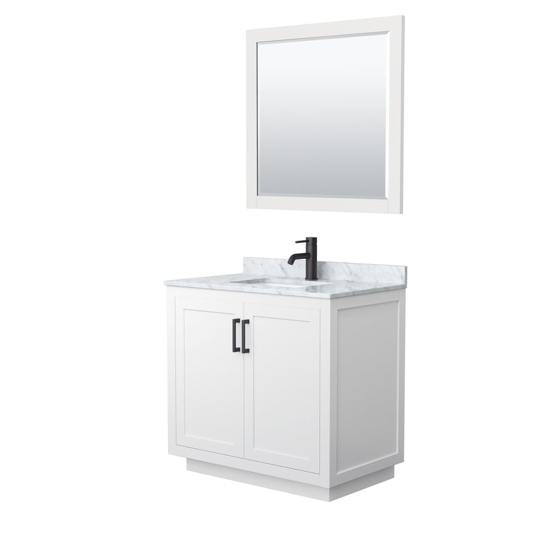 Wyndham Miranda 36" Single Bathroom Vanity In White White Carrara Marble Countertop Undermount Square Sink Black Trims And 34" Mirror WCF292936SWBCMUNSM34