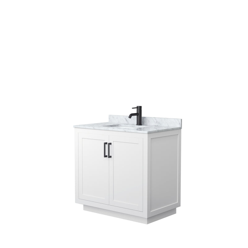 Wyndham Miranda 36" Single Bathroom Vanity In White White Carrara Marble Countertop Undermount Square Sink Black Trims And No Mirror WCF292936SWBCMUNSMXX