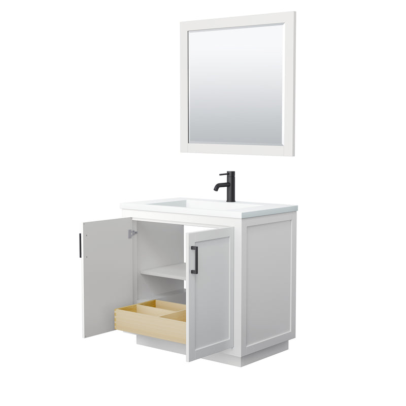 Wyndham Miranda 36" Single Bathroom Vanity In White Matte White Solid Surface In 1.25" Thickness Integrated Sink Black Trims and 34" Mirror WCF292936SWBK1INTM34