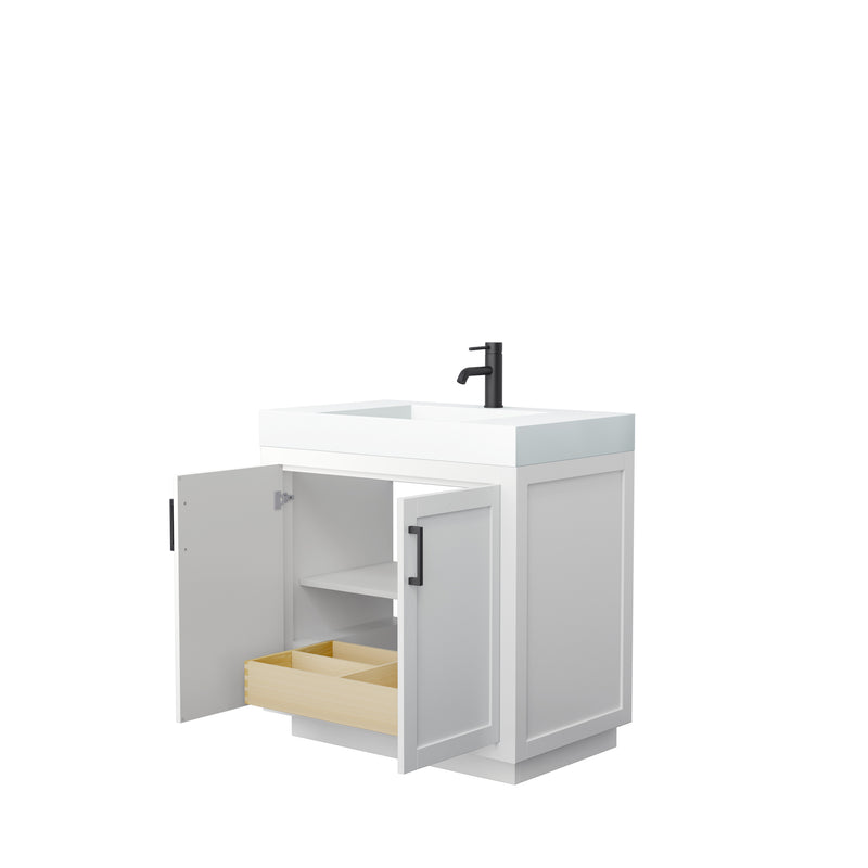 Wyndham Miranda 36" Single Bathroom Vanity In White Matte White Solid Surface In 4" Thickness Integrated Sink Black Trims and No Mirror WCF292936SWBK4INTMXX