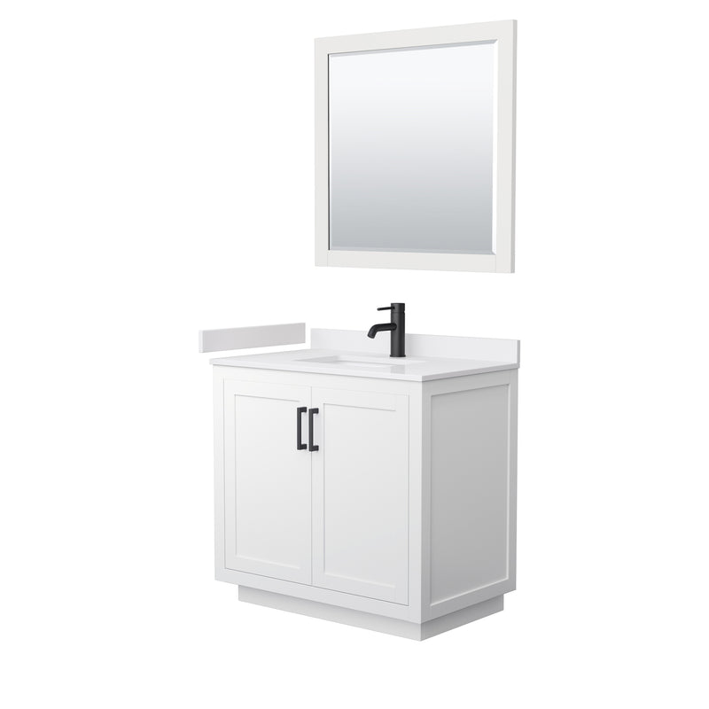 Wyndham Miranda 36" Single Bathroom Vanity In White White Cultured Marble Countertop Undermount Square Sink Black Trims And 34" Mirror WCF292936SWBWCUNSM34