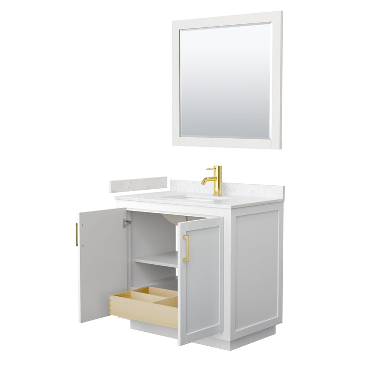 Wyndham Miranda 36" Single Bathroom Vanity In White Light-Vein Carrara Cultured Marble Countertop Undermount Square Sink Brushed Gold Trims and 34" Mirror WCF292936SWGC2UNSM34