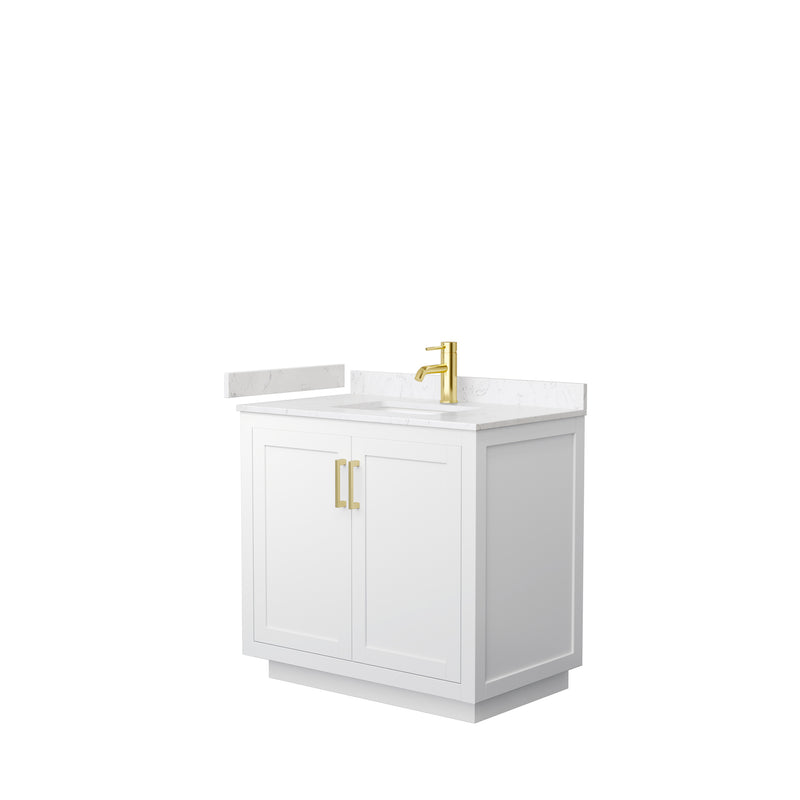 Wyndham Miranda 36" Single Bathroom Vanity In White Light-Vein Carrara Cultured Marble Countertop Undermount Square Sink Brushed Gold Trims And No Mirror WCF292936SWGC2UNSMXX