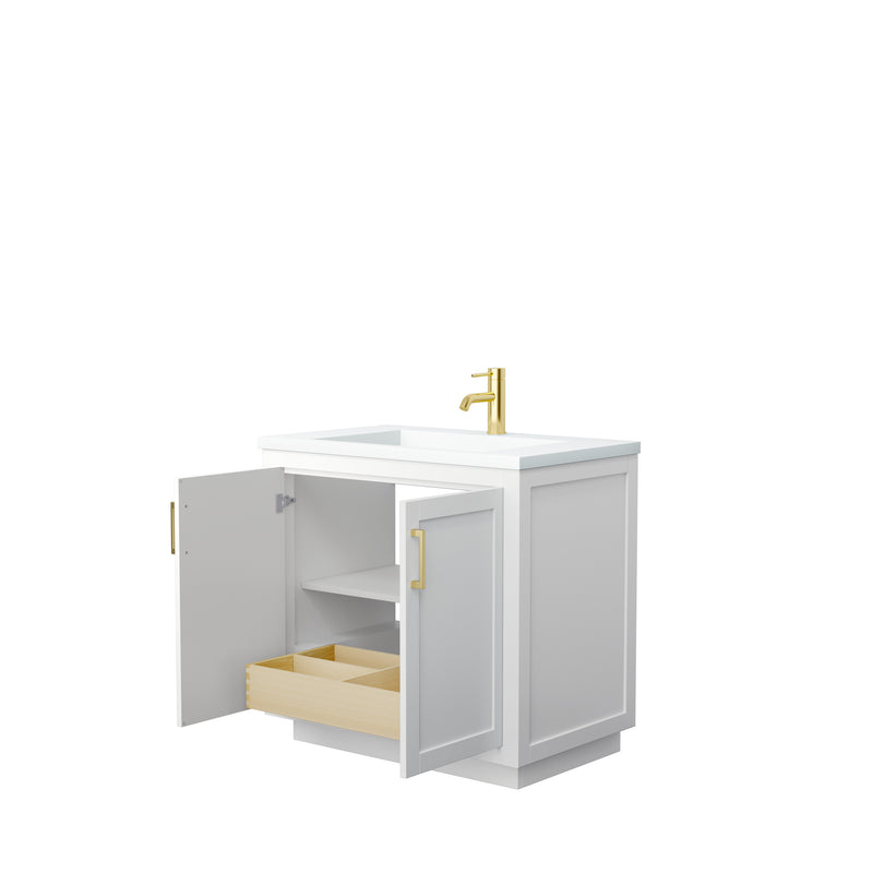 Wyndham Miranda 36" Single Bathroom Vanity In White Matte White Solid Surface In 1.25" Thickness Integrated Sink Brushed Gold Trims and No Mirror WCF292936SWGK1INTMXX