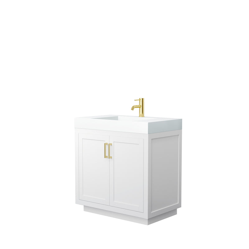 Wyndham Miranda 36" Single Bathroom Vanity In White Matte White Solid Surface In 4" Thickness Integrated Sink Brushed Gold Trims And No Mirror WCF292936SWGK4INTMXX