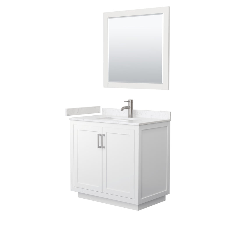 Wyndham Miranda 36" Single Bathroom Vanity In White Light-Vein Carrara Cultured Marble Countertop Undermount Square Sink Brushed Nickel Trims And 34" Mirror WCF292936SWHC2UNSM34