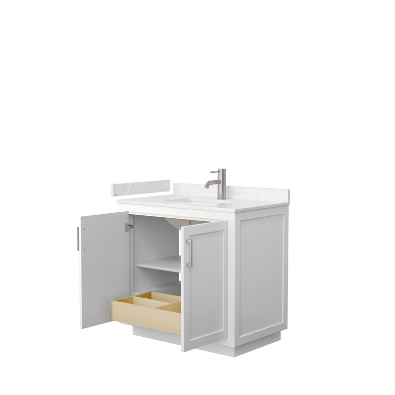 Wyndham Miranda 36" Single Bathroom Vanity In White Light-Vein Carrara Cultured Marble Countertop Undermount Square Sink Brushed Nickel Trims and No Mirror WCF292936SWHC2UNSMXX