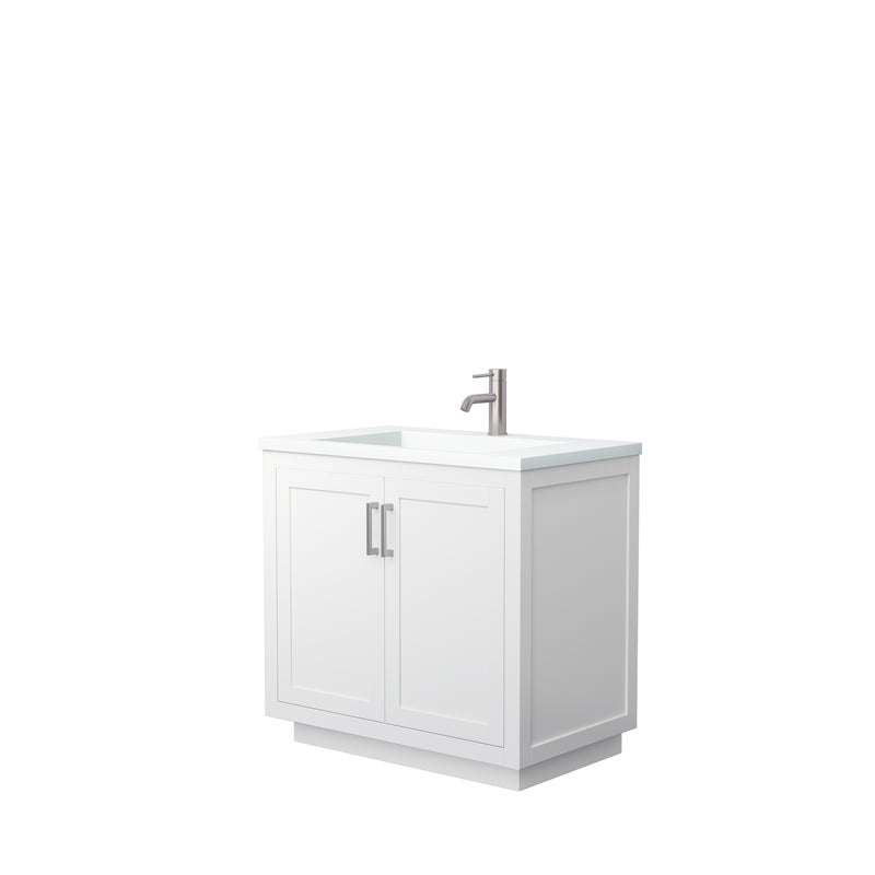 Wyndham Miranda 36" Single Bathroom Vanity In White Matte White Solid Surface In 1.25" Thickness Integrated Sink Brushed Nickel Trims And No Mirror WCF292936SWHK1INTMXX