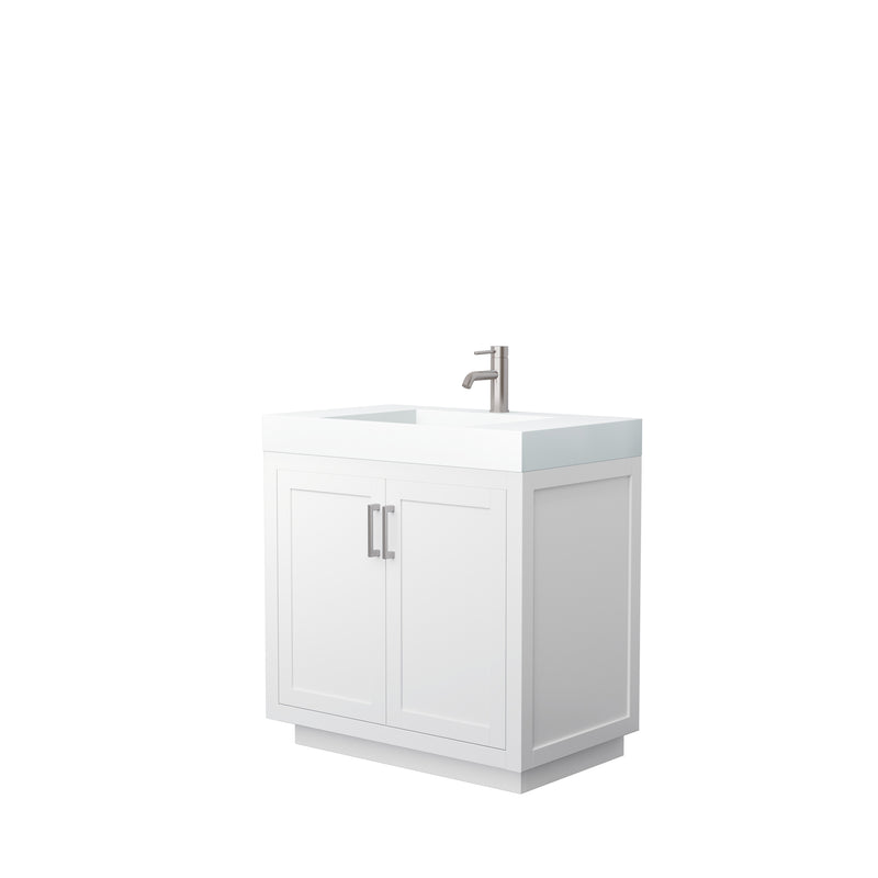 Wyndham Miranda 36" Single Bathroom Vanity In White Matte White Solid Surface In 4" Thickness Integrated Sink Brushed Nickel Trims And No Mirror WCF292936SWHK4INTMXX