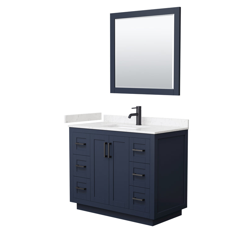 Wyndham Miranda 42" Single Bathroom Vanity In Dark Blue Light-Vein Carrara Cultured Marble Countertop Undermount Square Sink Black Trims And 34" Mirror WCF292942SBBC2UNSM34