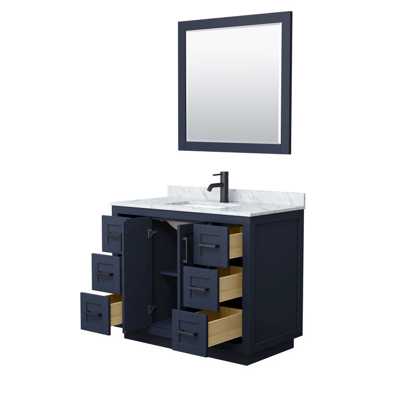 Wyndham Miranda 42" Single Bathroom Vanity In Dark Blue White Carrara Marble Countertop Undermount Square Sink Black Trims and 34" Mirror WCF292942SBBCMUNSM34