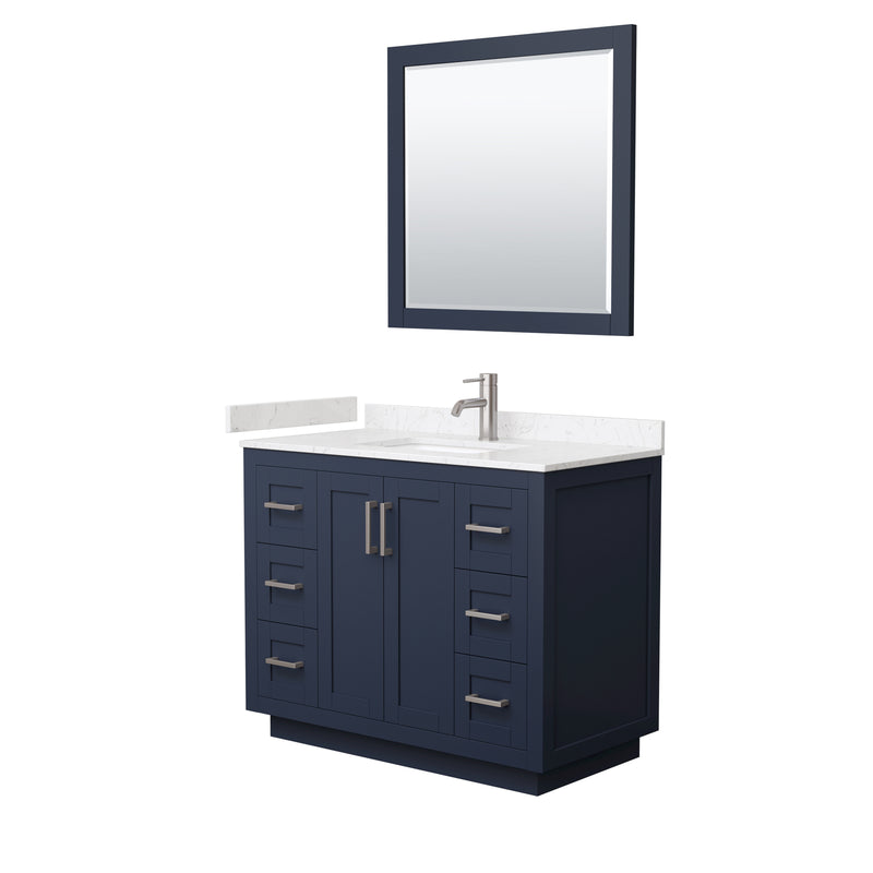 Wyndham Miranda 42" Single Bathroom Vanity In Dark Blue Light-Vein Carrara Cultured Marble Countertop Undermount Square Sink Brushed Nickel Trims And 34" Mi WCF292942SBNC2UNSM34