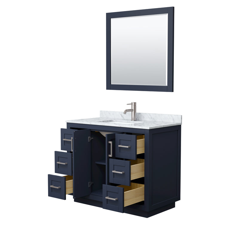 Wyndham Miranda 42" Single Bathroom Vanity In Dark Blue White Carrara Marble Countertop Undermount Square Sink Brushed Nickel Trims and 34" Mirror WCF292942SBNCMUNSM34