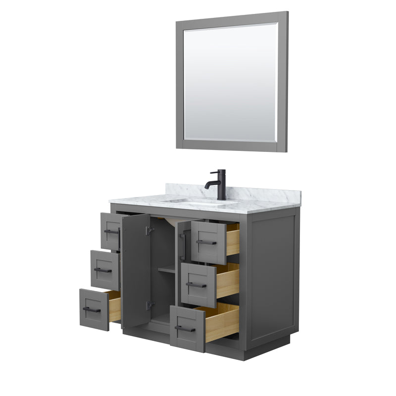 Wyndham Miranda 42" Single Bathroom Vanity In Dark Gray White Carrara Marble Countertop Undermount Square Sink Black Trims and 34" Mirror WCF292942SGBCMUNSM34