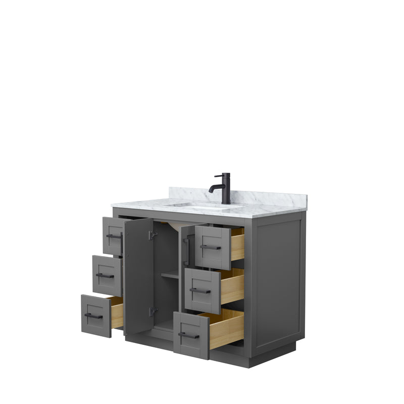 Wyndham Miranda 42" Single Bathroom Vanity In Dark Gray White Carrara Marble Countertop Undermount Square Sink Black Trims and No Mirror WCF292942SGBCMUNSMXX