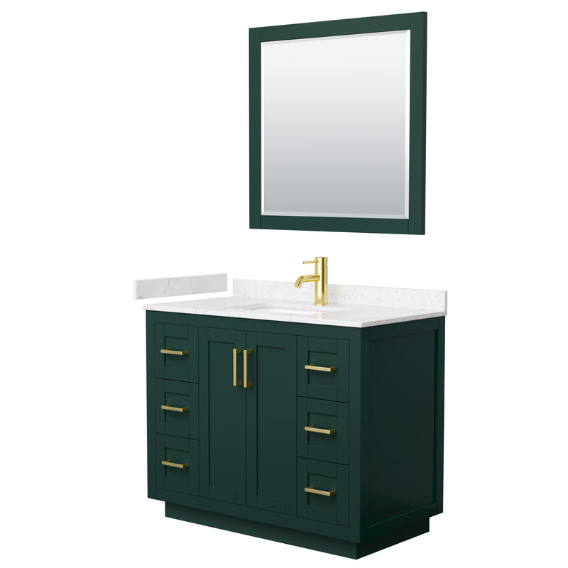 Wyndham Miranda 42" Single Bathroom Vanity In Green Light-Vein Carrara Cultured Marble Countertop Undermount Square Sink Brushed Gold Trim 34" Mirror WCF292942SGDC2UNSM34