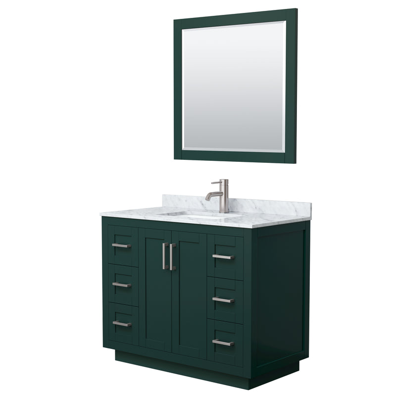 Wyndham Miranda 42" Single Bathroom Vanity In Green White Carrara Marble Countertop Undermount Square Sink Brushed Nickel Trim 34" Mirror WCF292942SGECMUNSM34