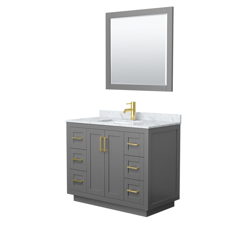 Wyndham Miranda 42" Single Bathroom Vanity In Dark Gray White Carrara Marble Countertop Undermount Square Sink Brushed Gold Trims And 34" Mirror WCF292942SGGCMUNSM34