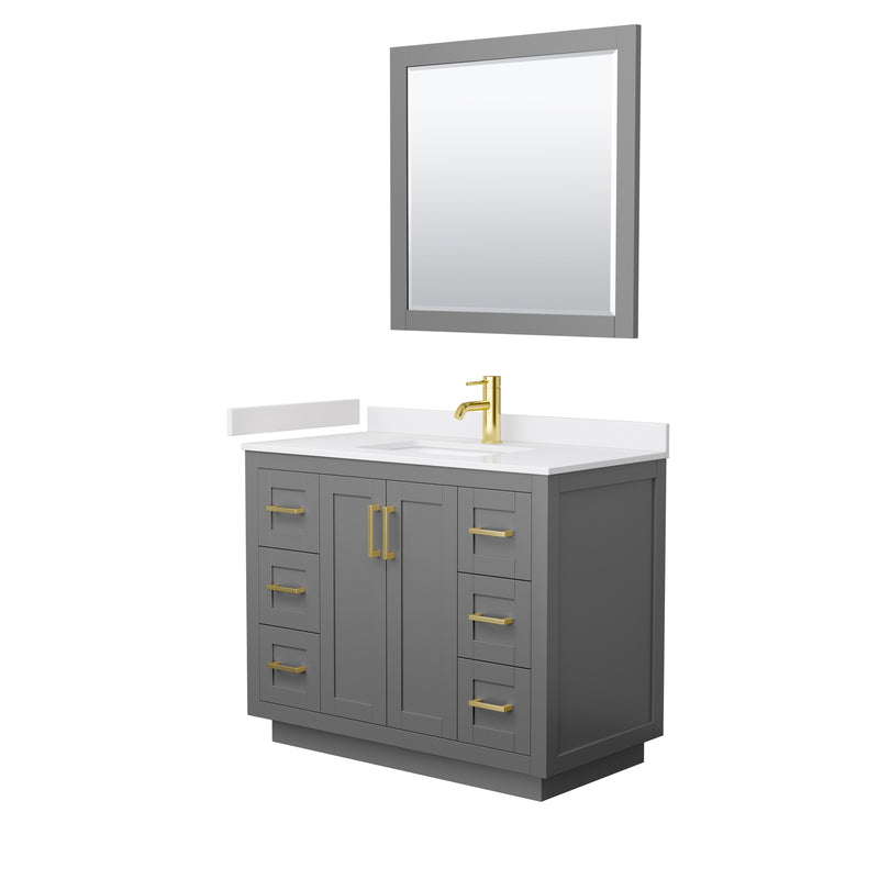 Wyndham Miranda 42" Single Bathroom Vanity In Dark Gray White Cultured Marble Countertop Undermount Square Sink Brushed Gold Trims And 34" Mirror WCF292942SGGWCUNSM34