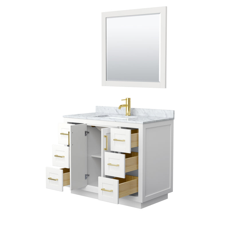 Wyndham Miranda 42" Single Bathroom Vanity In White White Carrara Marble Countertop Undermount Square Sink Brushed Gold Trims and 34" Mirror WCF292942SWGCMUNSM34