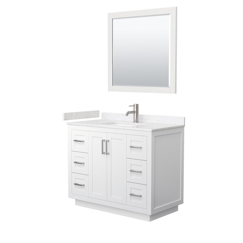 Wyndham Miranda 42" Single Bathroom Vanity In White Light-Vein Carrara Cultured Marble Countertop Undermount Square Sink Brushed Nickel Trims And 34" Mirror WCF292942SWHC2UNSM34