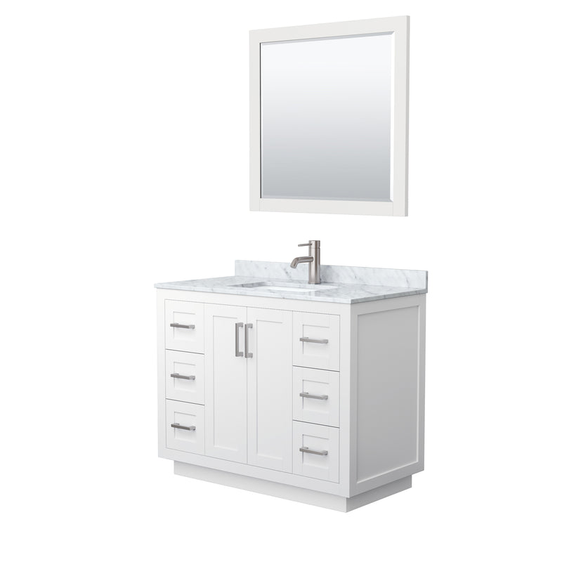 Wyndham Miranda 42" Single Bathroom Vanity In White White Carrara Marble Countertop Undermount Square Sink Brushed Nickel Trims And 34" Mirror WCF292942SWHCMUNSM34