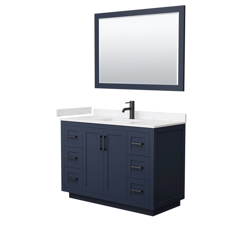 Wyndham Miranda 48" Single Bathroom Vanity In Dark Blue Light-Vein Carrara Cultured Marble Countertop Undermount Square Sink Black Trims And 46" Mirror WCF292948SBBC2UNSM46