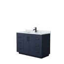 Wyndham Miranda 48" Single Bathroom Vanity In Dark Blue White Carrara Marble Countertop Undermount Square Sink Black Trims And No Mirror WCF292948SBBCMUNSMXX