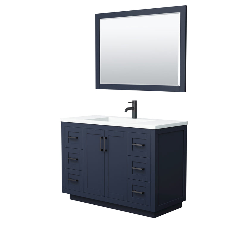 Wyndham Miranda 48" Single Bathroom Vanity In Dark Blue Matte White Solid Surface In 1.25" Thickness Integrated Sink Black Trims And 46" Mirror WCF292948SBBK1INTM46