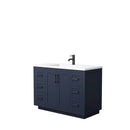 Wyndham Miranda 48" Single Bathroom Vanity In Dark Blue Matte White Solid Surface In 1.25" Thickness Integrated Sink Black Trims And No Mirror WCF292948SBBK1INTMXX